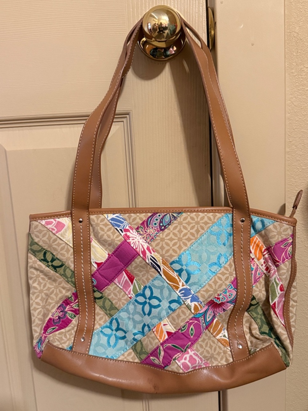 Relic Patchwork Multicolor Tote Bag with Tan Trim